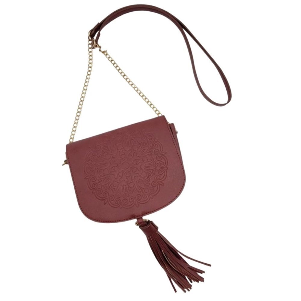 Laura Janelle Cousin Burgundy Womens Crossbody Shoulder Bag Bohemian Tassel